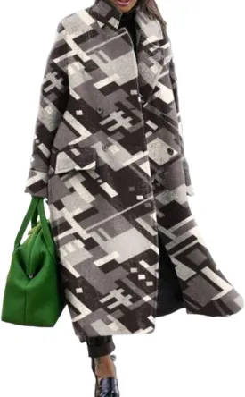 Women Notched Lapel Neck Button Down Geometric Faux Wool Blend Maxi Trench Coat Double Breasted Long Pea Coat