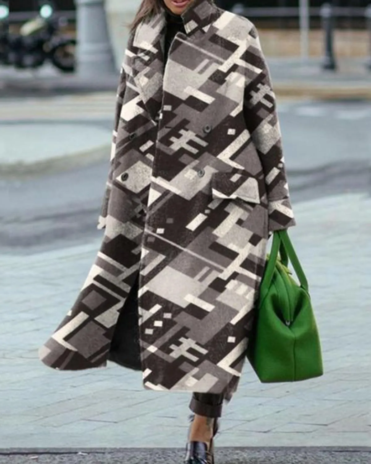 Women Notched Lapel Neck Button Down Geometric Faux Wool Blend Maxi Trench Coat Double Breasted Long Pea Coat