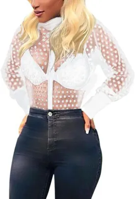 Women's Button Down Shirt Polka Dots Sheer See Through Long Sleeve Blouse