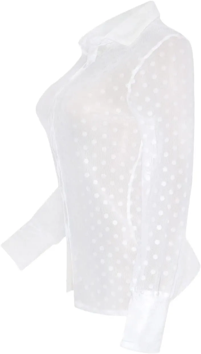 Women's Button Down Shirt Polka Dots Sheer See Through Long Sleeve Blouse