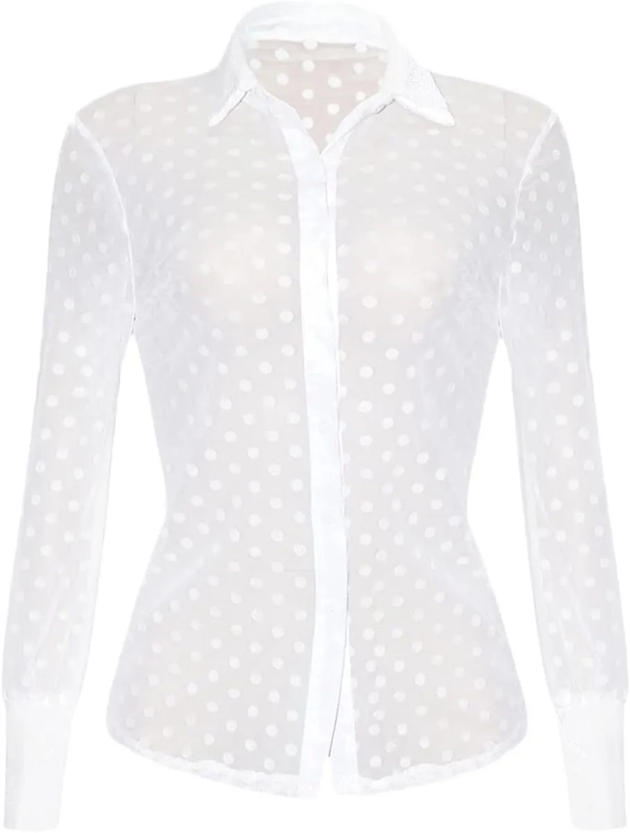 Women's Button Down Shirt Polka Dots Sheer See Through Long Sleeve Blouse