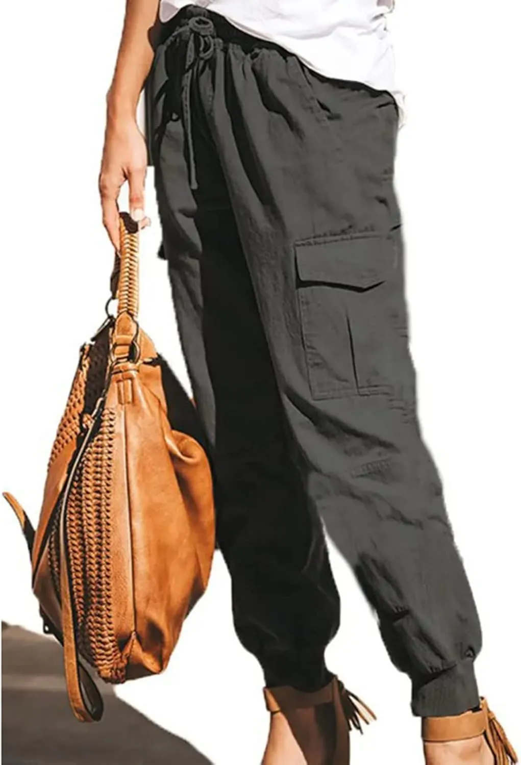 Women's Cargo Pants Tapered Leg Joggers Drawstring High Waist Pants Cotton Casual Hiking Trousers with Pockets