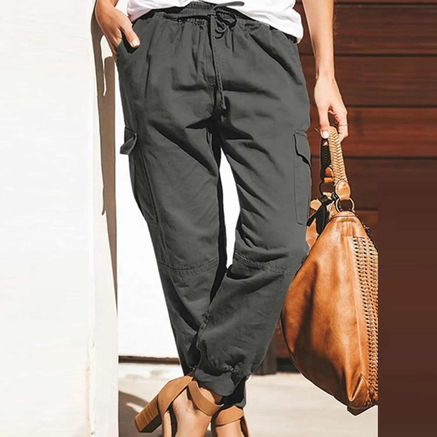 Women's Cargo Pants Tapered Leg Joggers Drawstring High Waist Pants Cotton Casual Hiking Trousers with Pockets