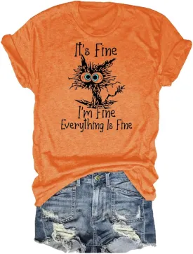 Women's I'm Fine Everything is Fine T-Shirts Short Sleeve Sayings Oversized Casual Cute Cat Graphic Tee Blouse Tops