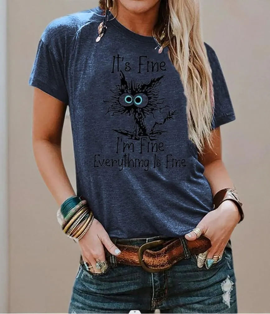 Women's I'm Fine Everything is Fine T-Shirts Short Sleeve Sayings Oversized Casual Cute Cat Graphic Tee Blouse Tops