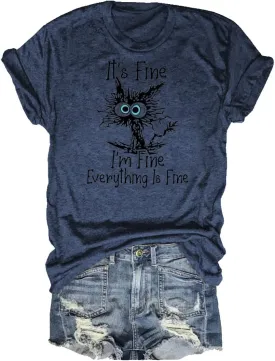 Women's I'm Fine Everything is Fine T-Shirts Short Sleeve Sayings Oversized Casual Cute Cat Graphic Tee Blouse Tops