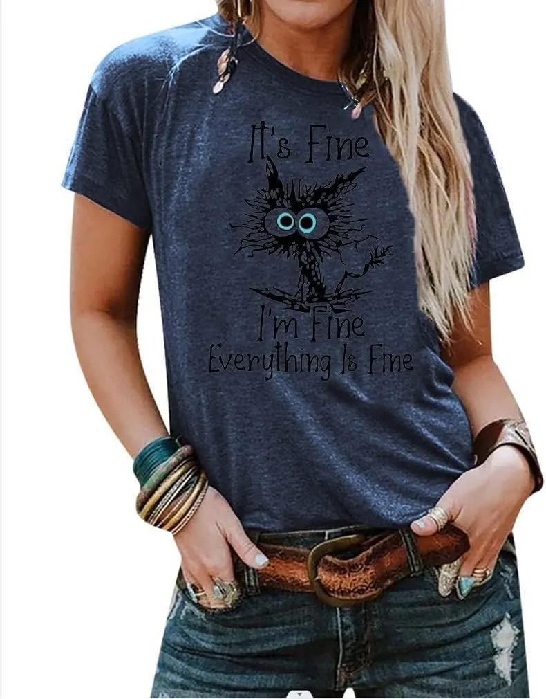 Women's I'm Fine Everything is Fine T-Shirts Short Sleeve Sayings Oversized Casual Cute Cat Graphic Tee Blouse Tops