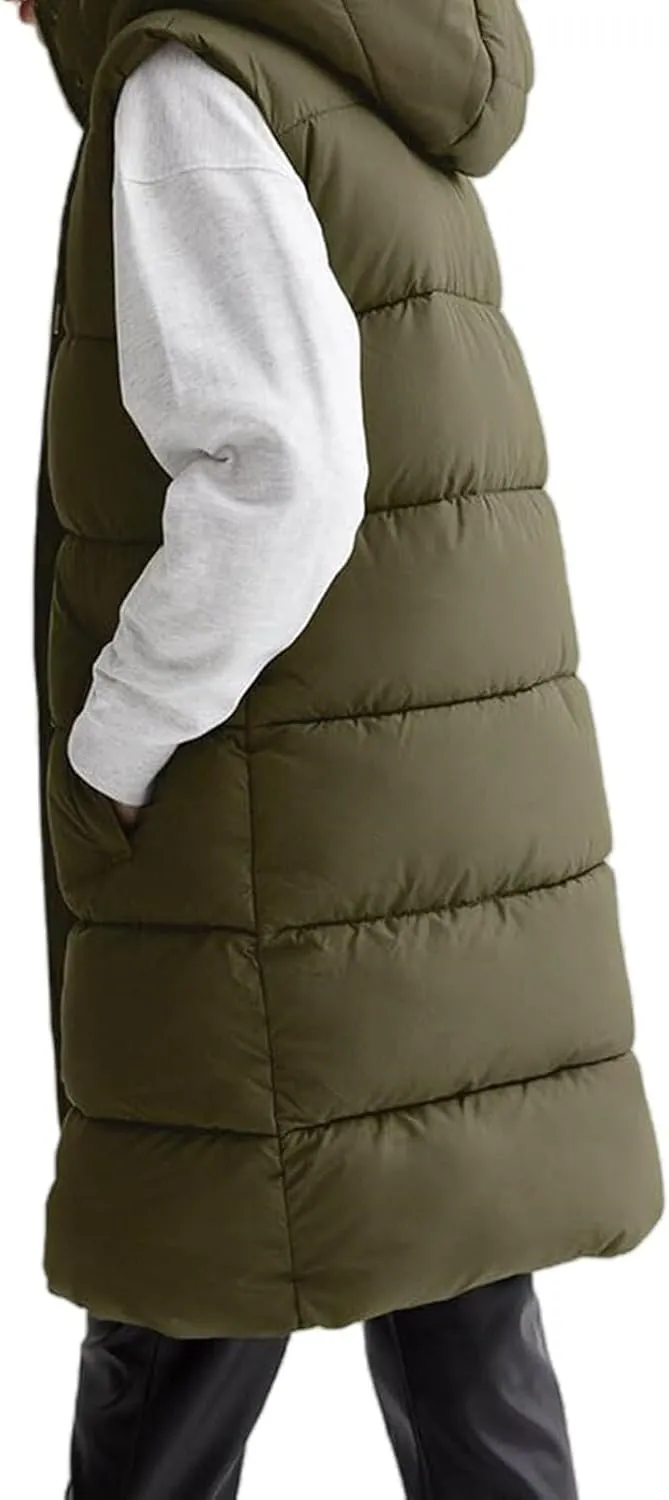 Womens Long Puffer Vest Sleeveless Puffy Jacket Stand Collar Thick Hooded Long Coats Jacket
