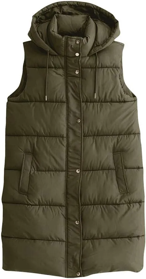 Womens Long Puffer Vest Sleeveless Puffy Jacket Stand Collar Thick Hooded Long Coats Jacket