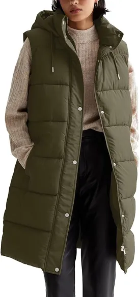 Womens Long Puffer Vest Sleeveless Puffy Jacket Stand Collar Thick Hooded Long Coats Jacket