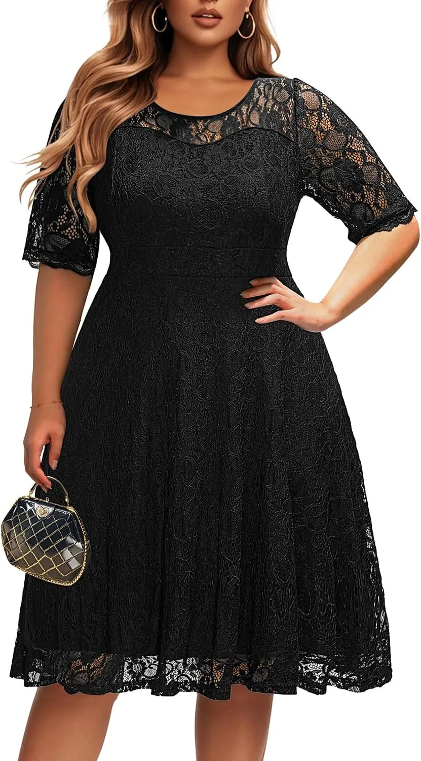 Women's Plus Size Wedding Guest Bridal Shower Semi Formal Cocktail Party Lace V Neck Midi Dress