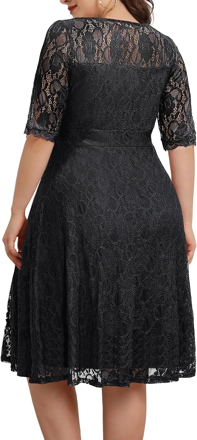 Women's Plus Size Wedding Guest Bridal Shower Semi Formal Cocktail Party Lace V Neck Midi Dress