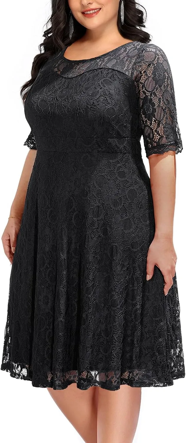 Women's Plus Size Wedding Guest Bridal Shower Semi Formal Cocktail Party Lace V Neck Midi Dress
