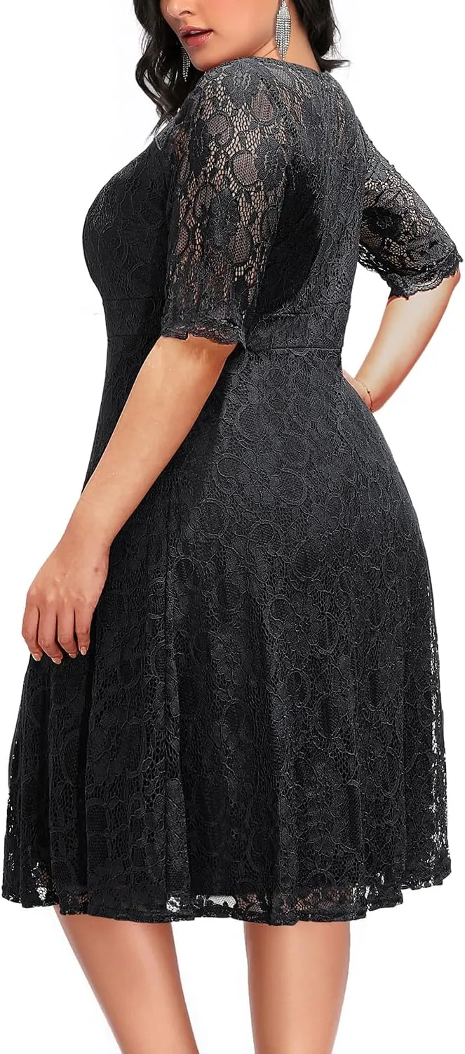 Women's Plus Size Wedding Guest Bridal Shower Semi Formal Cocktail Party Lace V Neck Midi Dress
