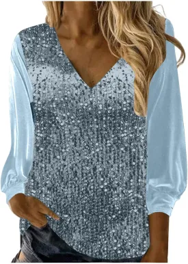 Women's Sequin Tops Sheer Long Sleeve Glitter Sparkly Party Blouse Velvet V-Neck Dressy Tops for Evening Party