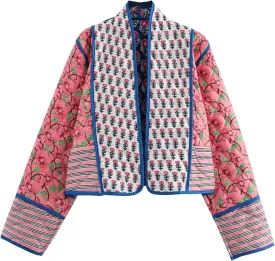 Wyeysyt Women's Cropped Puffer Quilted Jacket Cardigan Floral Printed Lightweight Long Sleeve Open Front Short Padded Coats