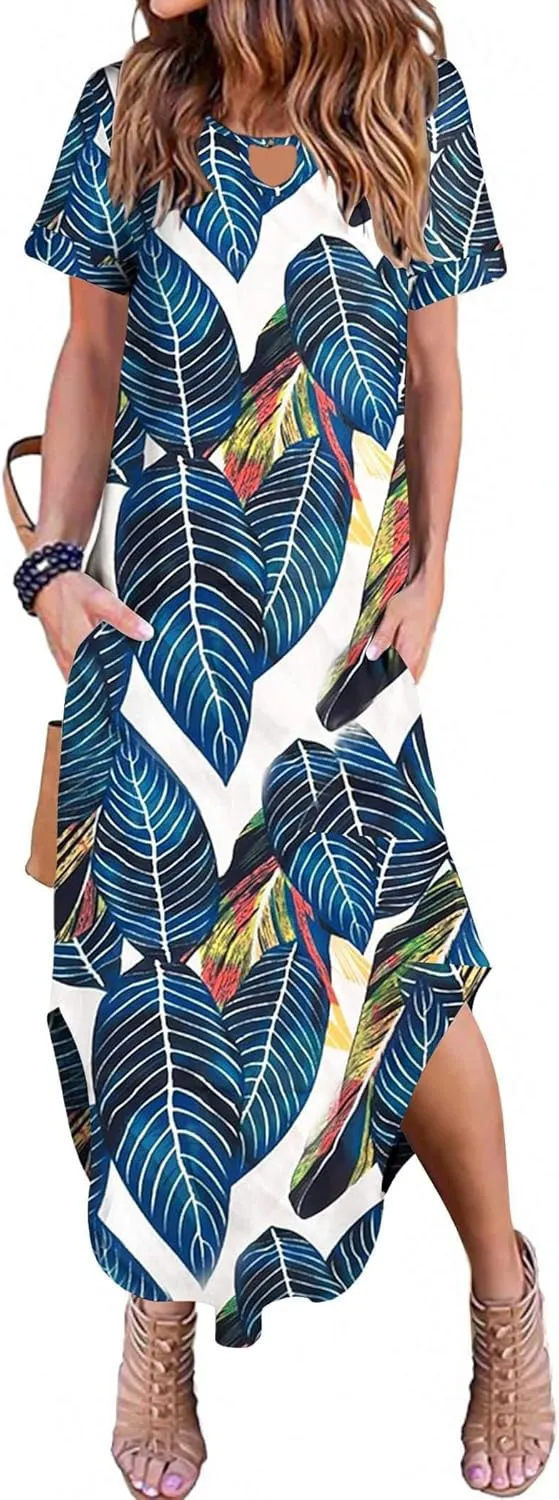 Zeagoo Womens Maxi Summer Dress with Pockets Casual Short Sleeve Sundress Trendy 2025 Curve Hem Long Dresss