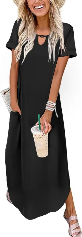 Zeagoo Womens Maxi Summer Dress with Pockets Casual Short Sleeve Sundress Trendy 2025 Curve Hem Long Dresss