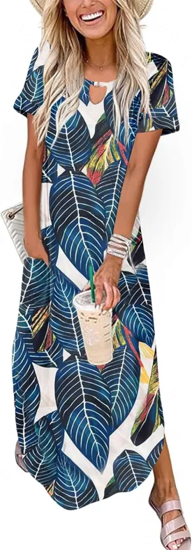 Zeagoo Womens Maxi Summer Dress with Pockets Casual Short Sleeve Sundress Trendy 2025 Curve Hem Long Dresss
