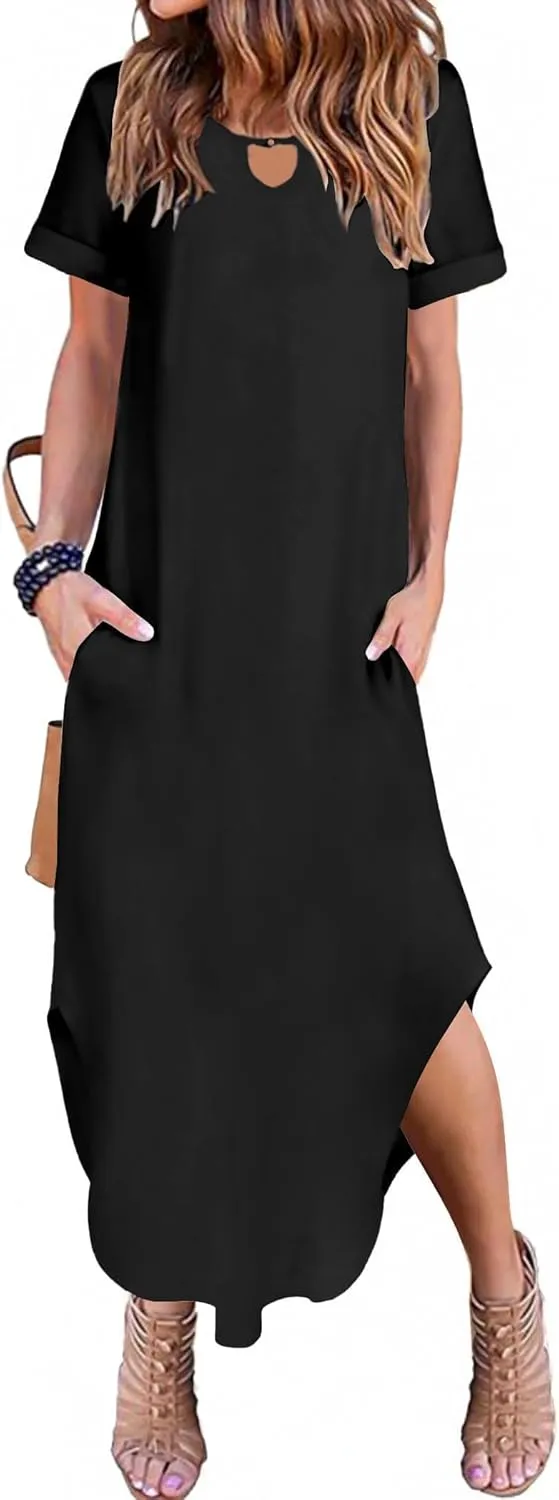 Zeagoo Womens Maxi Summer Dress with Pockets Casual Short Sleeve Sundress Trendy 2025 Curve Hem Long Dresss