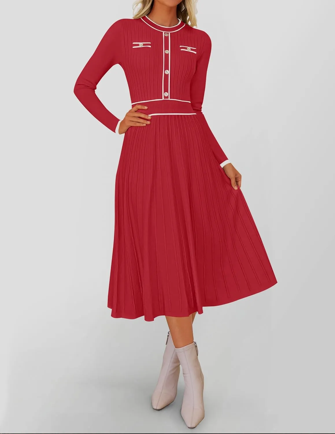 ZESICA Women's Spring Pleated Sweater Dress Long Sleeve Crewneck Ribbed Knitted Midi Dresses