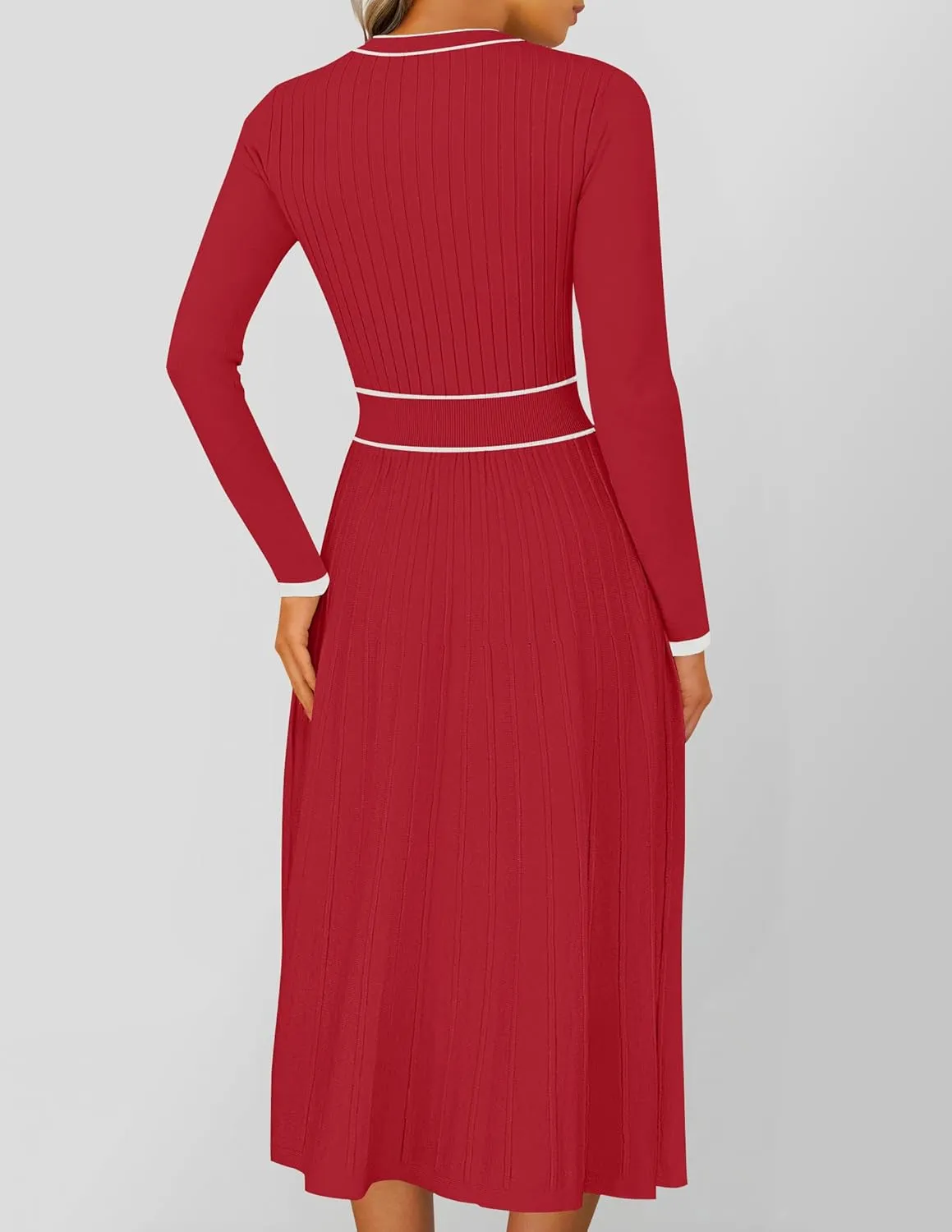 ZESICA Women's Spring Pleated Sweater Dress Long Sleeve Crewneck Ribbed Knitted Midi Dresses