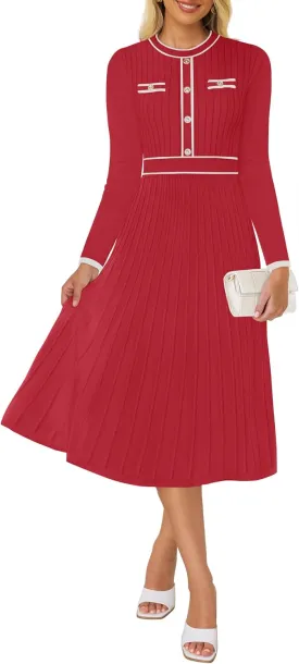 ZESICA Women's Spring Pleated Sweater Dress Long Sleeve Crewneck Ribbed Knitted Midi Dresses
