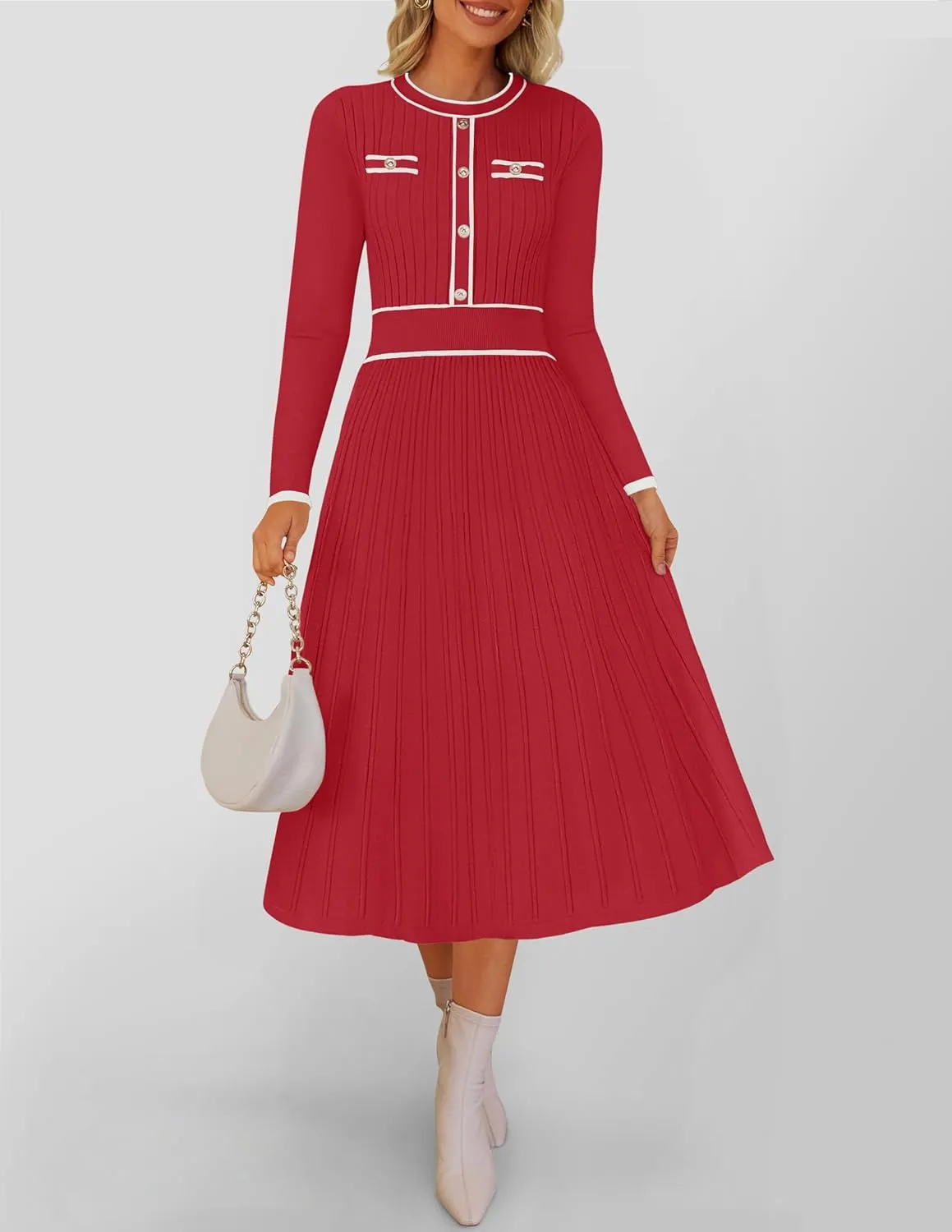 ZESICA Women's Spring Pleated Sweater Dress Long Sleeve Crewneck Ribbed Knitted Midi Dresses