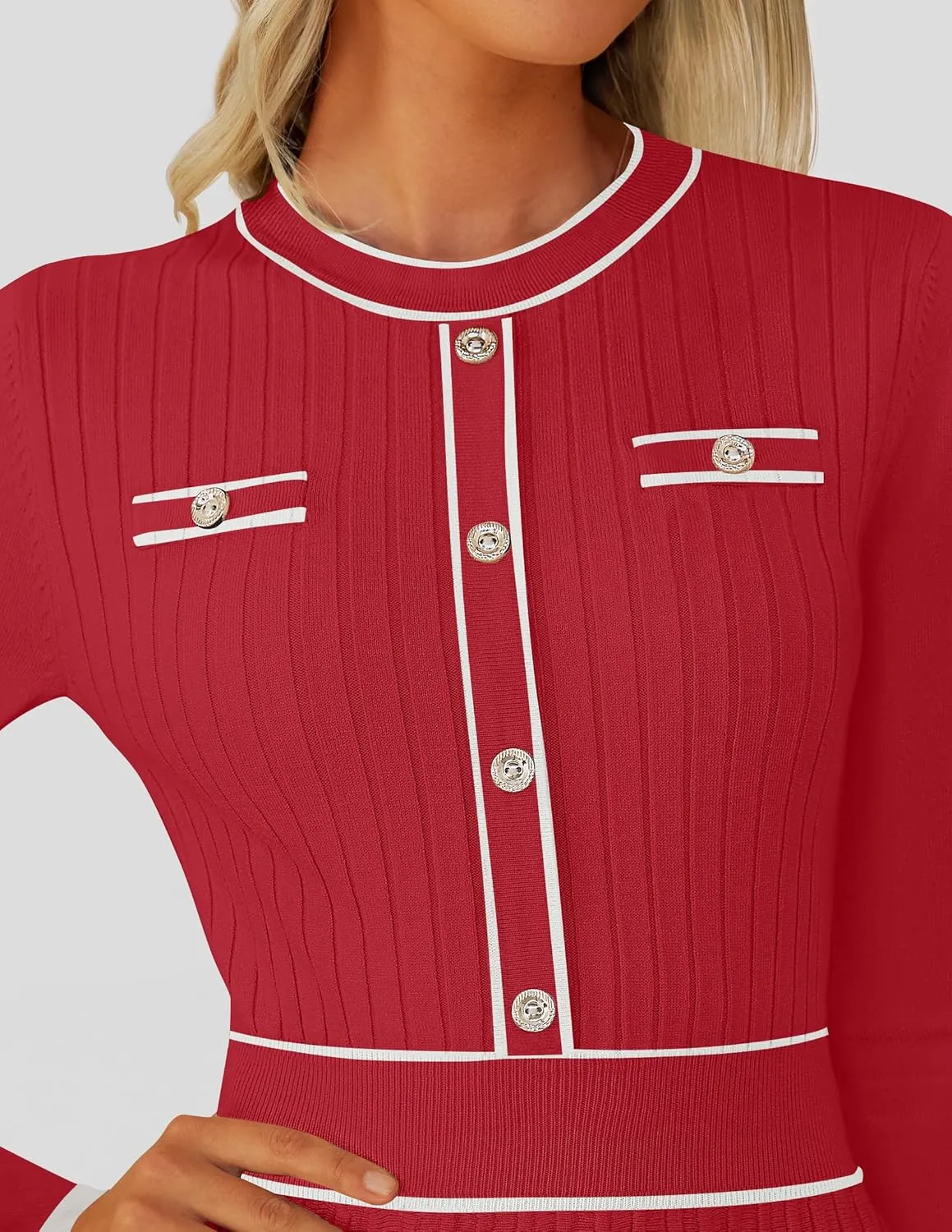ZESICA Women's Spring Pleated Sweater Dress Long Sleeve Crewneck Ribbed Knitted Midi Dresses